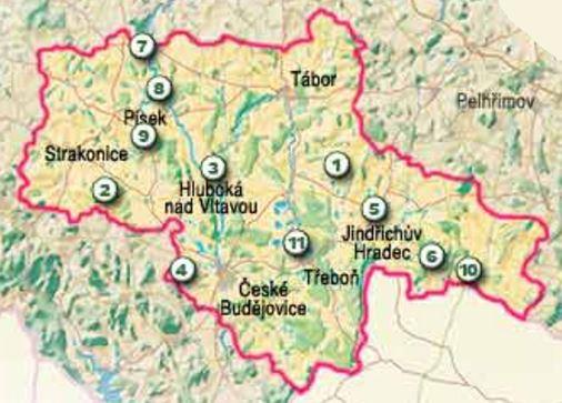 Mapa turistické oblasti na jihovýchodě Čech