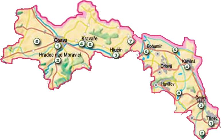 Mapa turistické oblasti na severovýchodě Moravy v okolí Ostravy a Třince