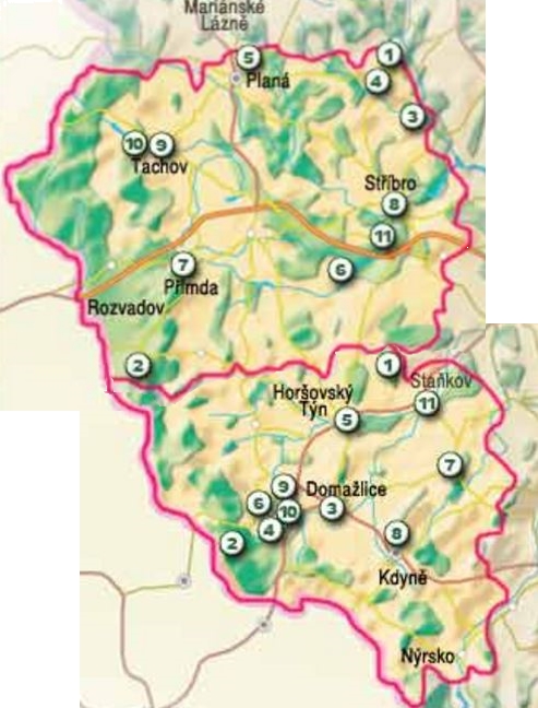 Mapa turistické oblasti na západě Čech