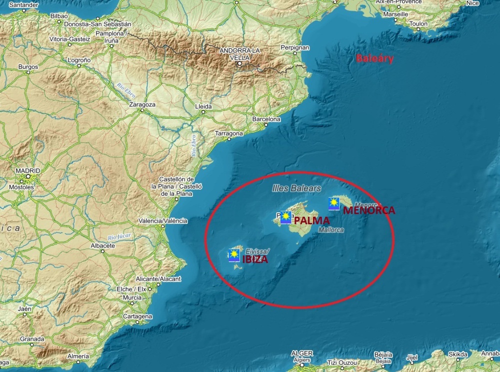 Mapa ostrovů Baleáry
