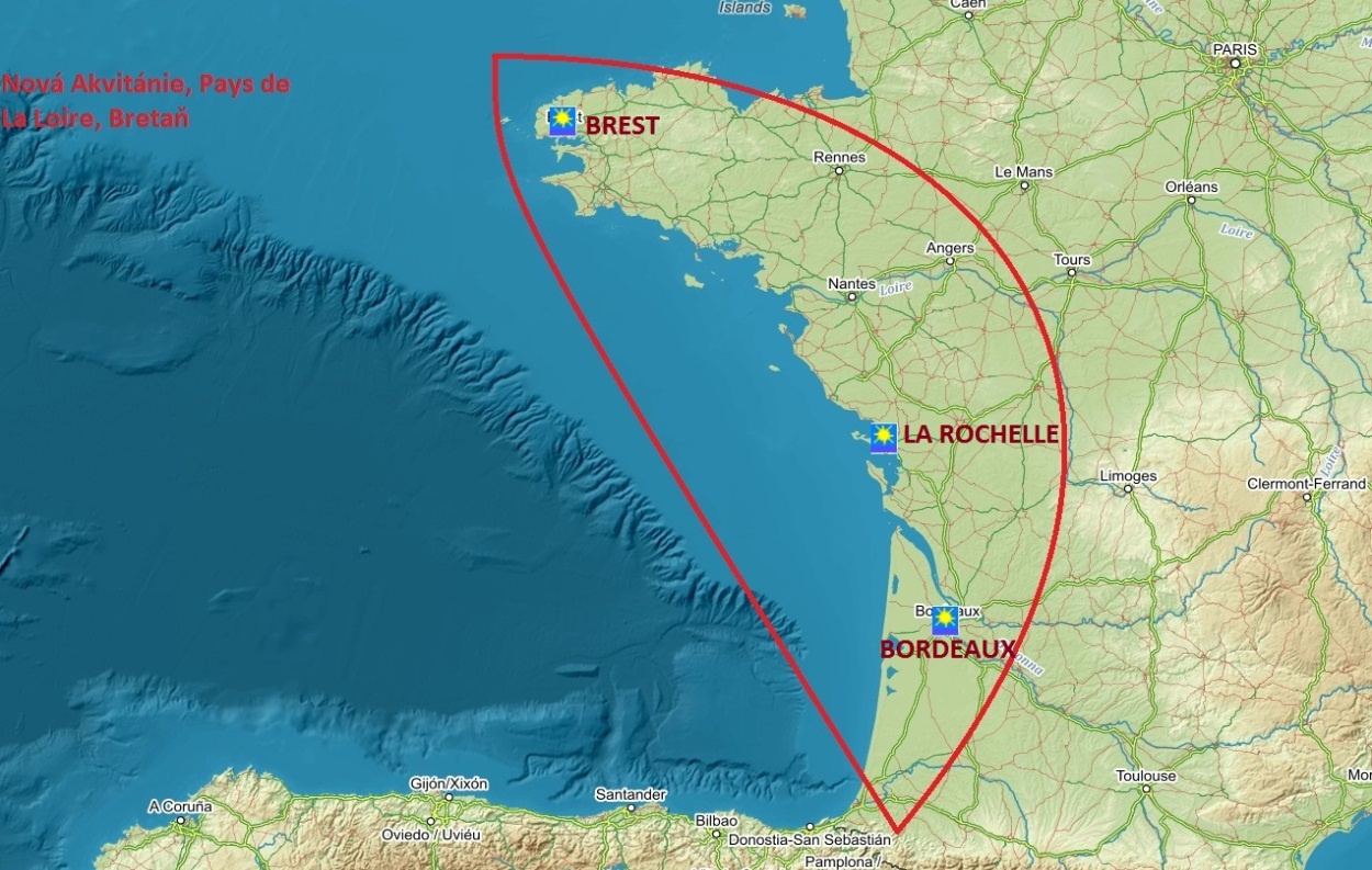 Mapa oblasti Nová Akvitánie, Pays de La Loire a Bretaň