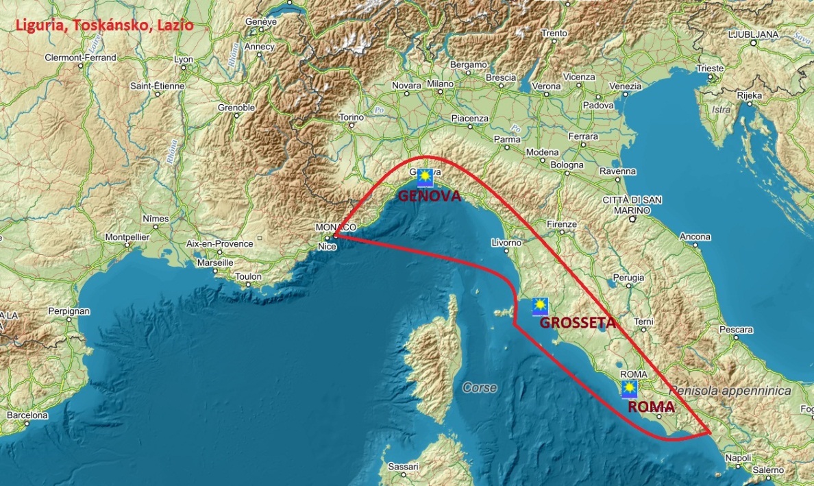 Mapa oblasti Liguria, Toskánsko a Lazio